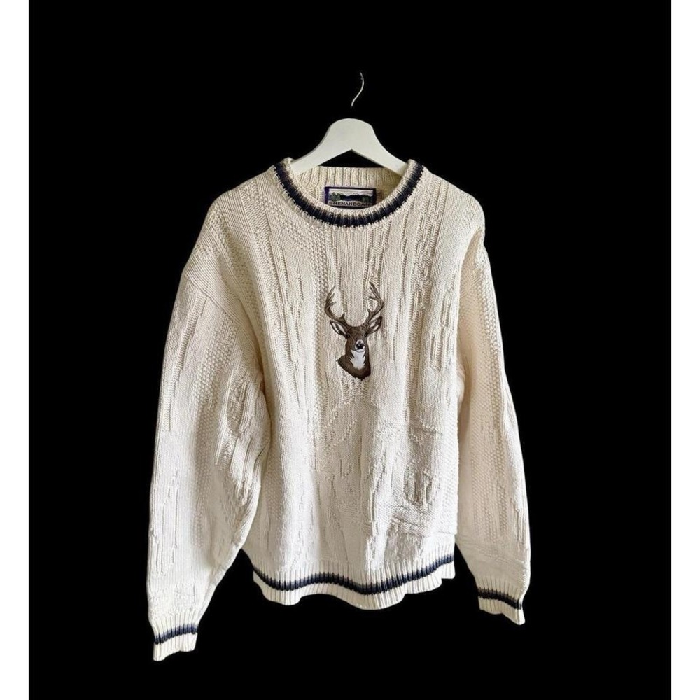 Vintage 90s Shenandoah Deer Embroidered Knit Sweater Cotton Cream Men's Size XL
